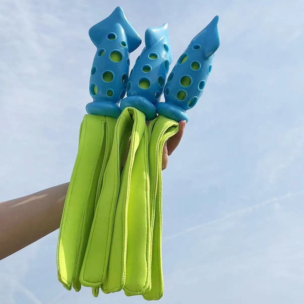 Blue dog chew toy shaped like a cuttlefish with squeaker for teeth cleaning and interactive play