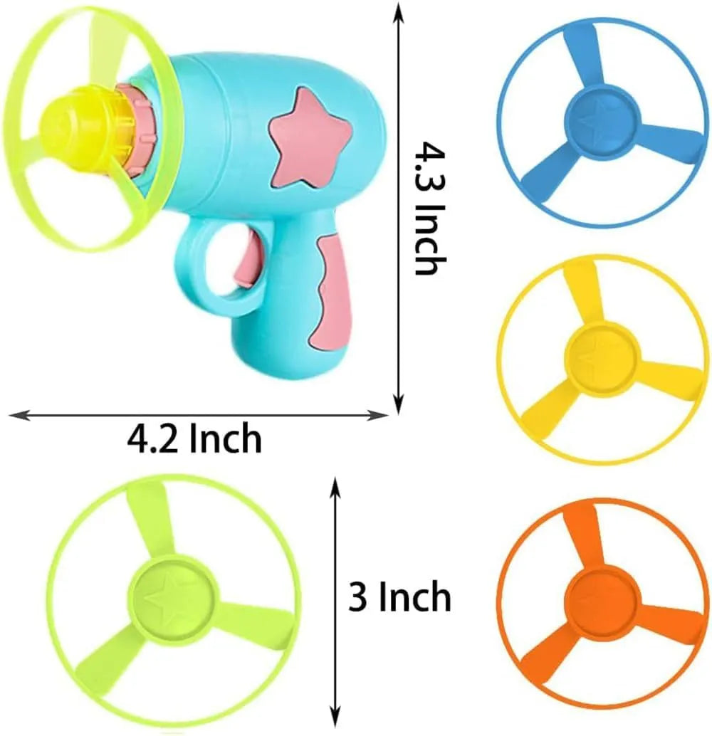 Blue cat toy gun with flying Frisbee for indoor feline hunting simulation games