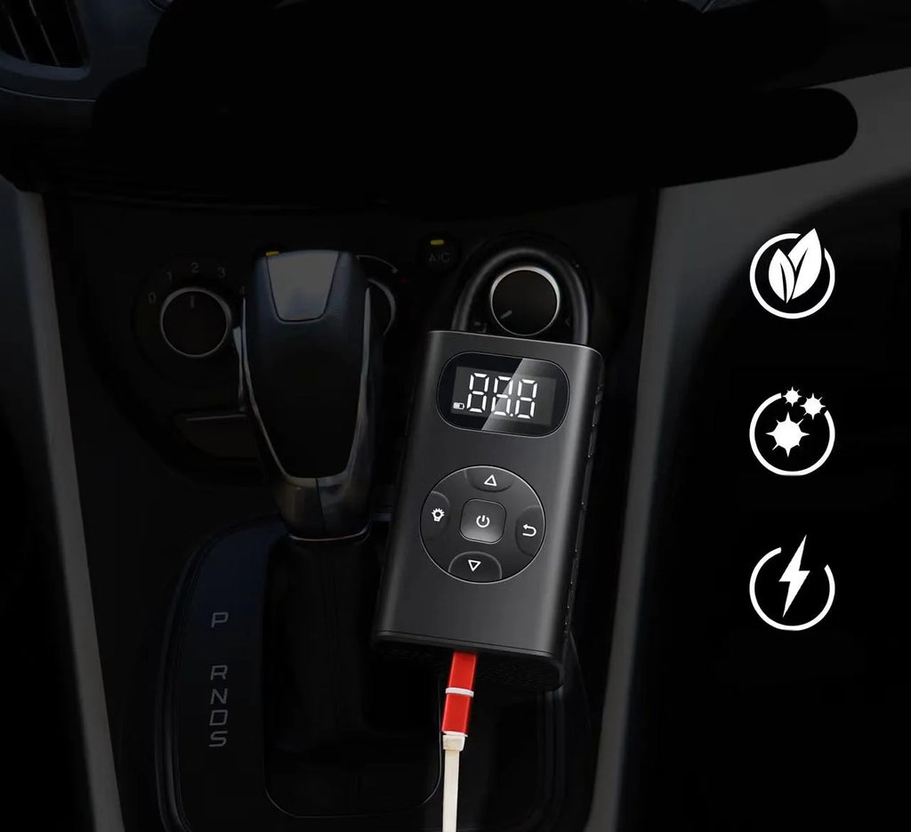 Black aviation aluminium portable tyre inflator with digital display and USB charging port