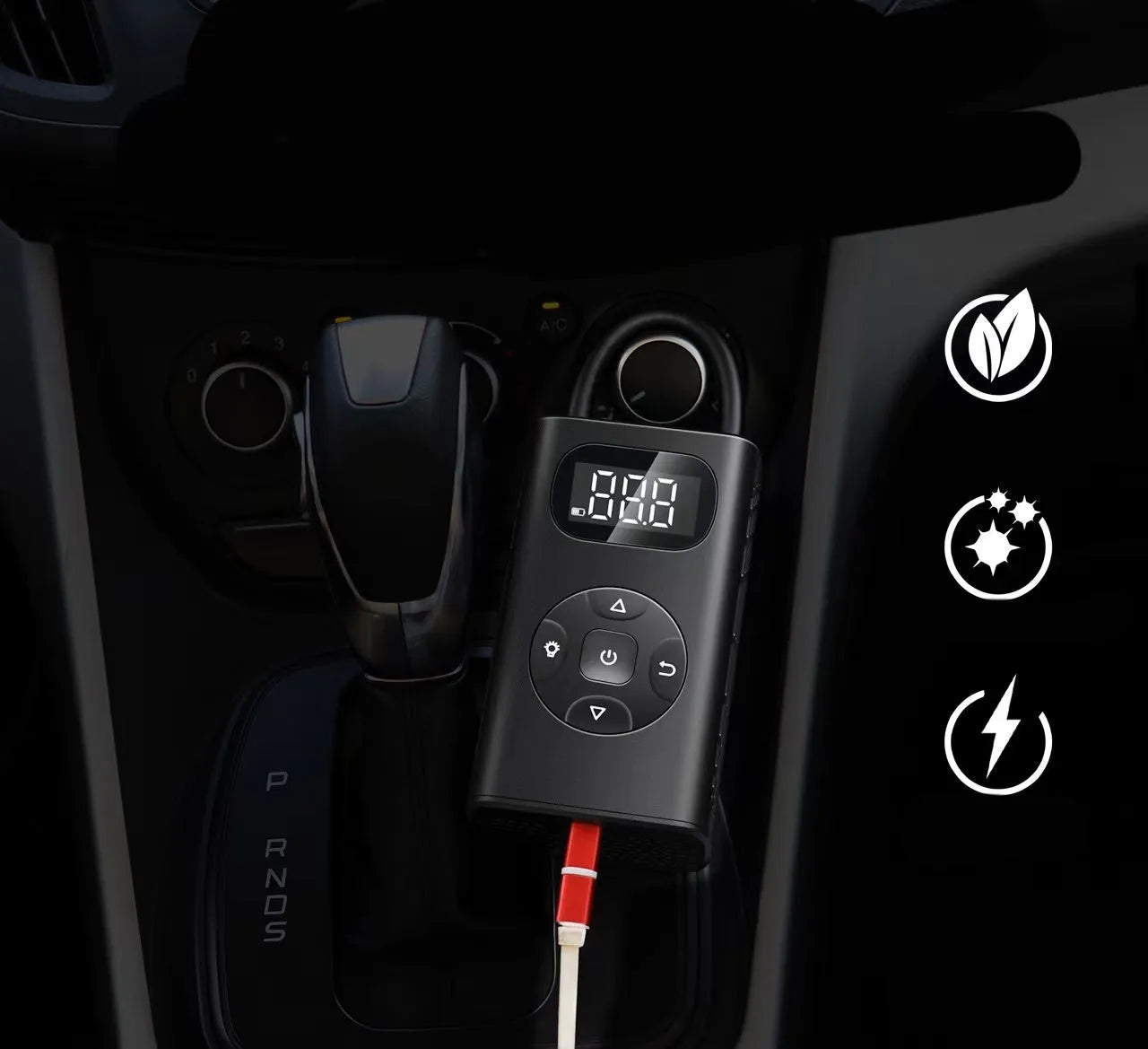 Black aviation aluminium portable tyre inflator with digital display and USB charging port