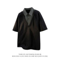 Men's black heavy Henry collar short sleeve polo shirt sweater with padding on a hanger.