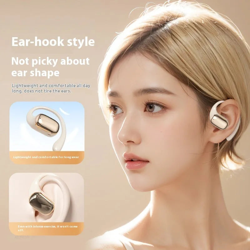 Wireless ear-mounted headphones with digital display screen in black, skin colour, or white options