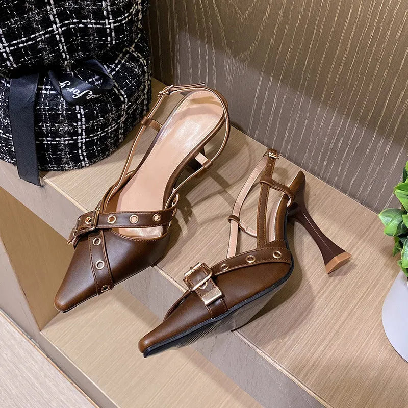Women's mid heel sandals with cross strap belt buckle in black patent leather pointed toe