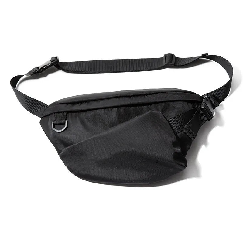Men's Japanese leisure slanted chest bag in black made from Oxford fabric, 8 inch size with sewing line detail