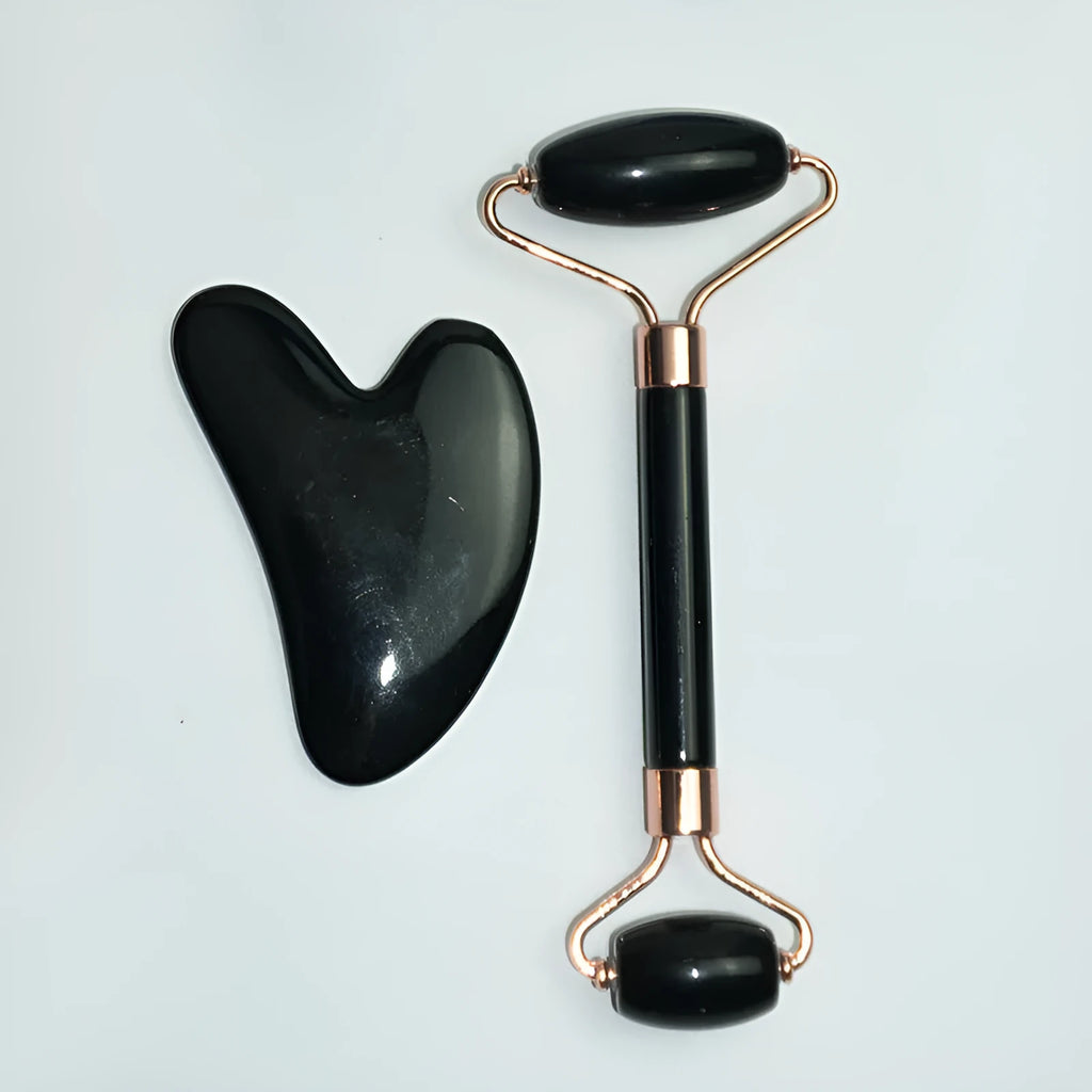 Stainless steel facial massage board set with double-head roller and heart-shaped scraping plate