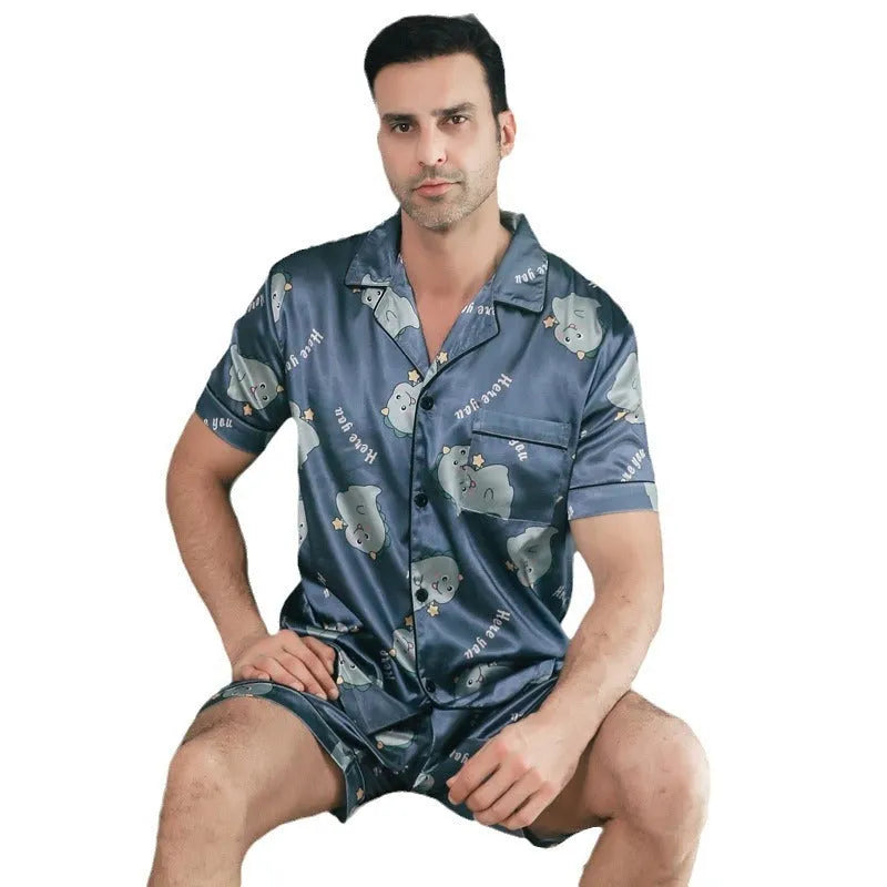 Ice silk men's short sleeve cardigan pajama set in picture style colour, including top and pants, shown on a model.
