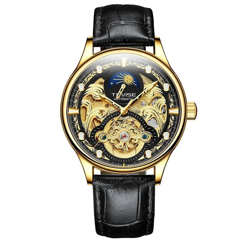 Automatic mechanical men's watch with skeleton movement and leather strap