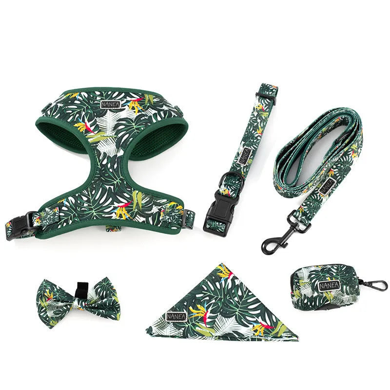 Six-piece adjustable dog harness set with waste bag and decorative accessories in cloth material