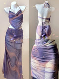 Blue printed women's three-piece bikini set with steel bracket push-up top and matching skirt