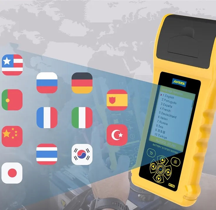 Autool BT760 colour screen automotive battery tester with attached clips and printed diagnostic receipt.