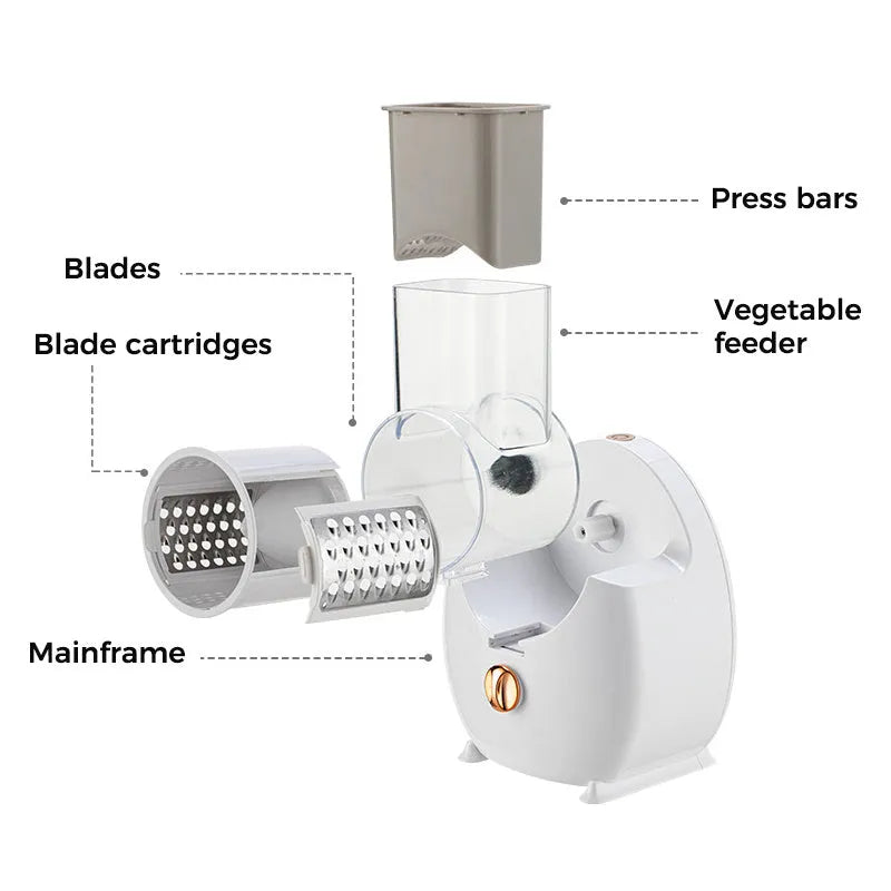 Electric vegetable slicer with suction base in white, showing feeding port and pressing rod