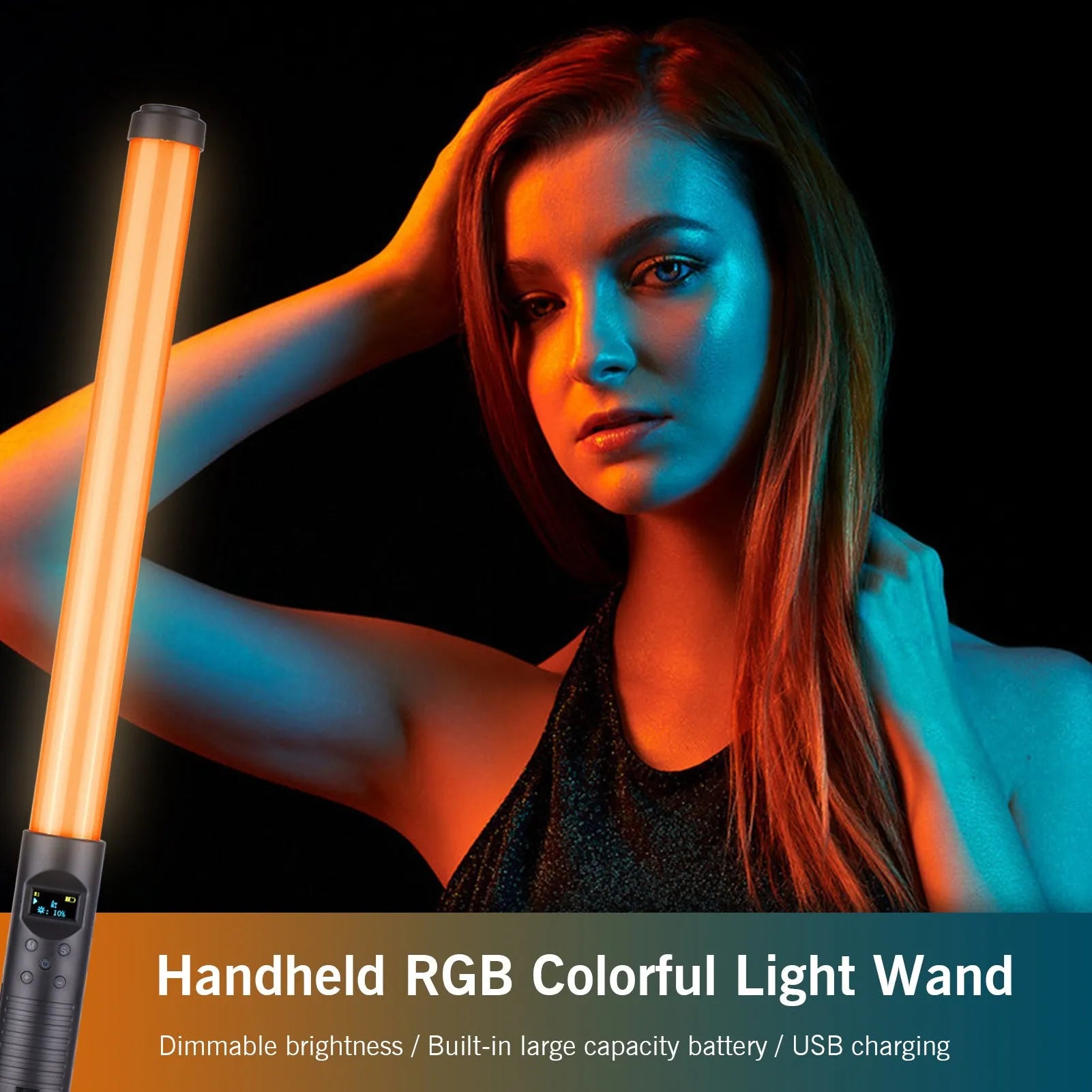 Dual colour temperature handheld LED photography light stick with 114 lamp beads, 200 lm, RGB modes, and 1/4 inch screw mount in use