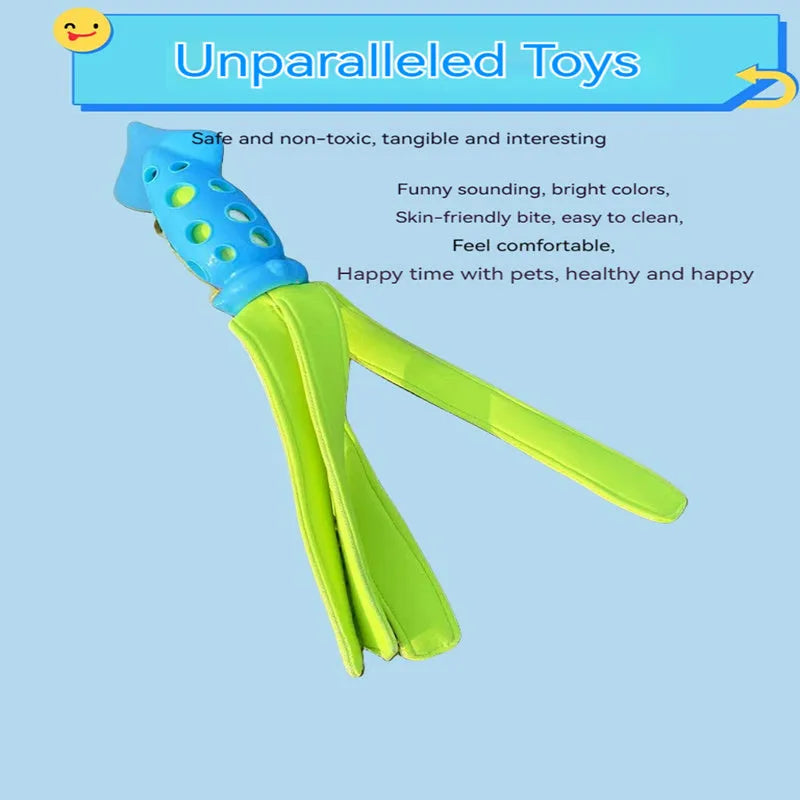 Blue dog chew toy shaped like a cuttlefish with squeaker for teeth cleaning and interactive play