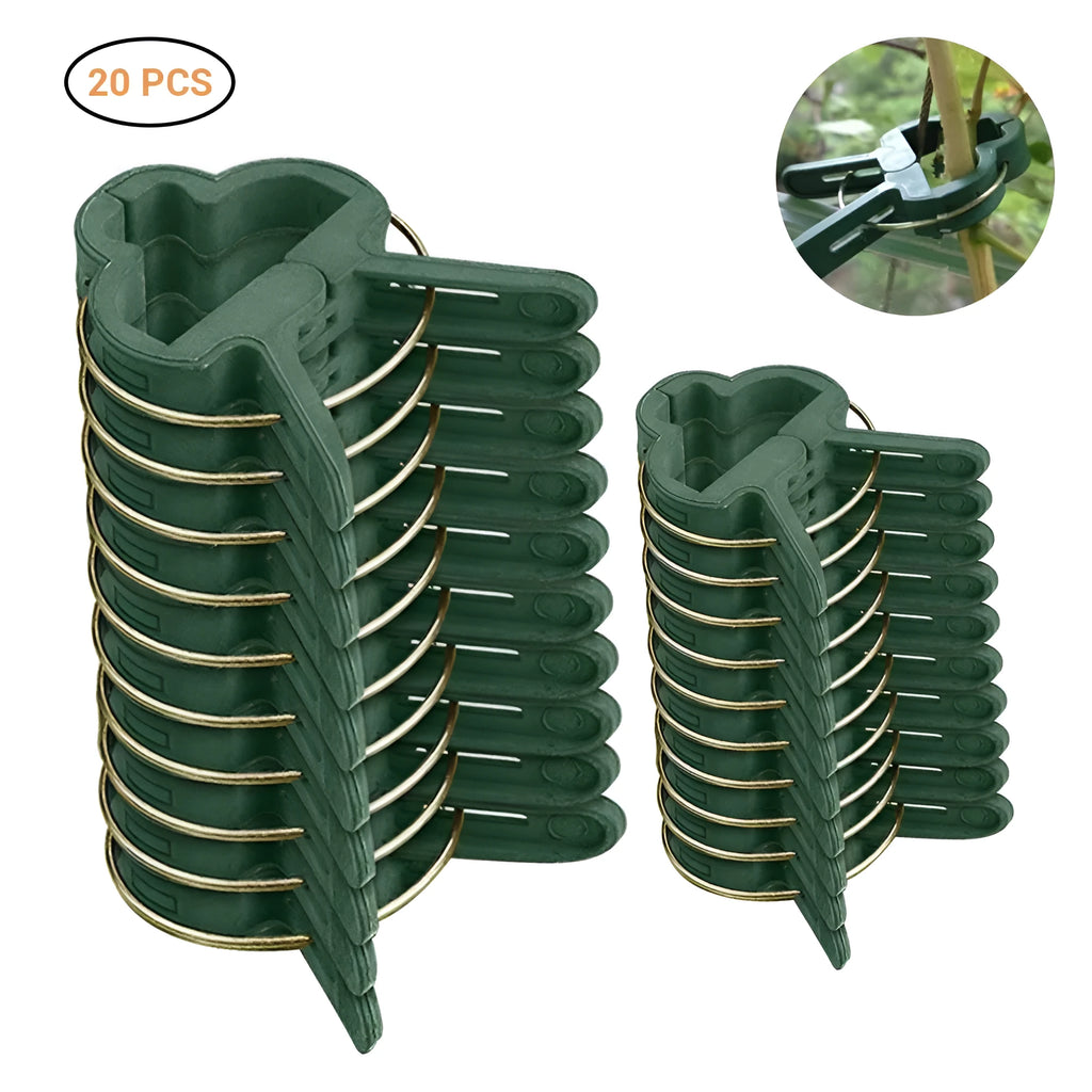 Green plastic and zinc plant fixing clips, large and small sizes, for climbing vegetable support.
