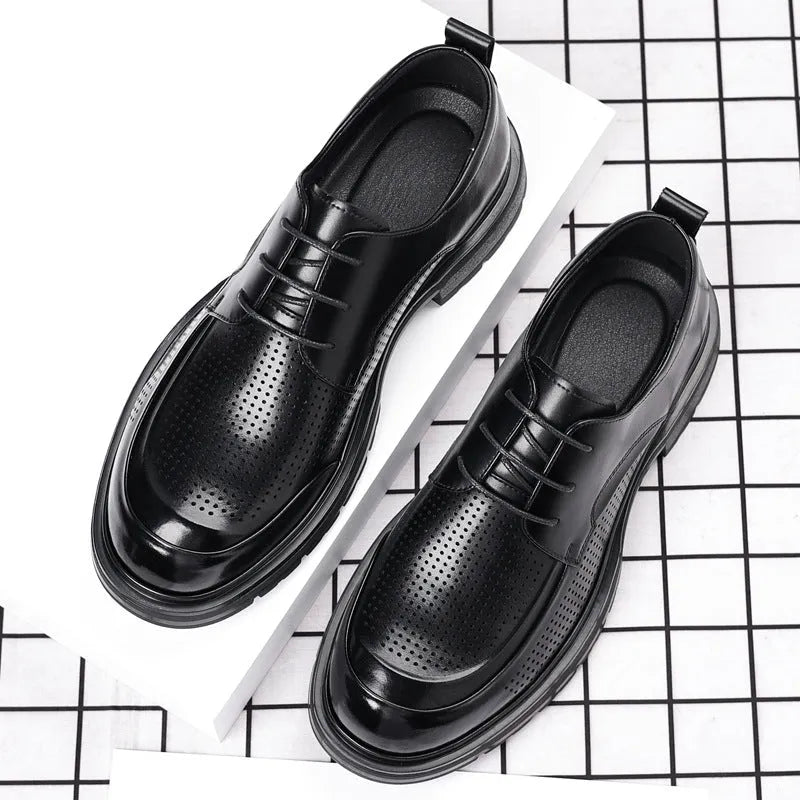 Men's hollow leather low-top business shoes in Four Seasons Black, plus sizes 38-46