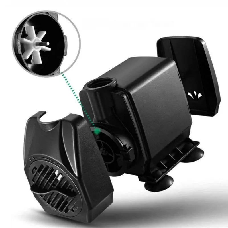 Black submersible aquarium pump with flowing water technology for filtration and circulation