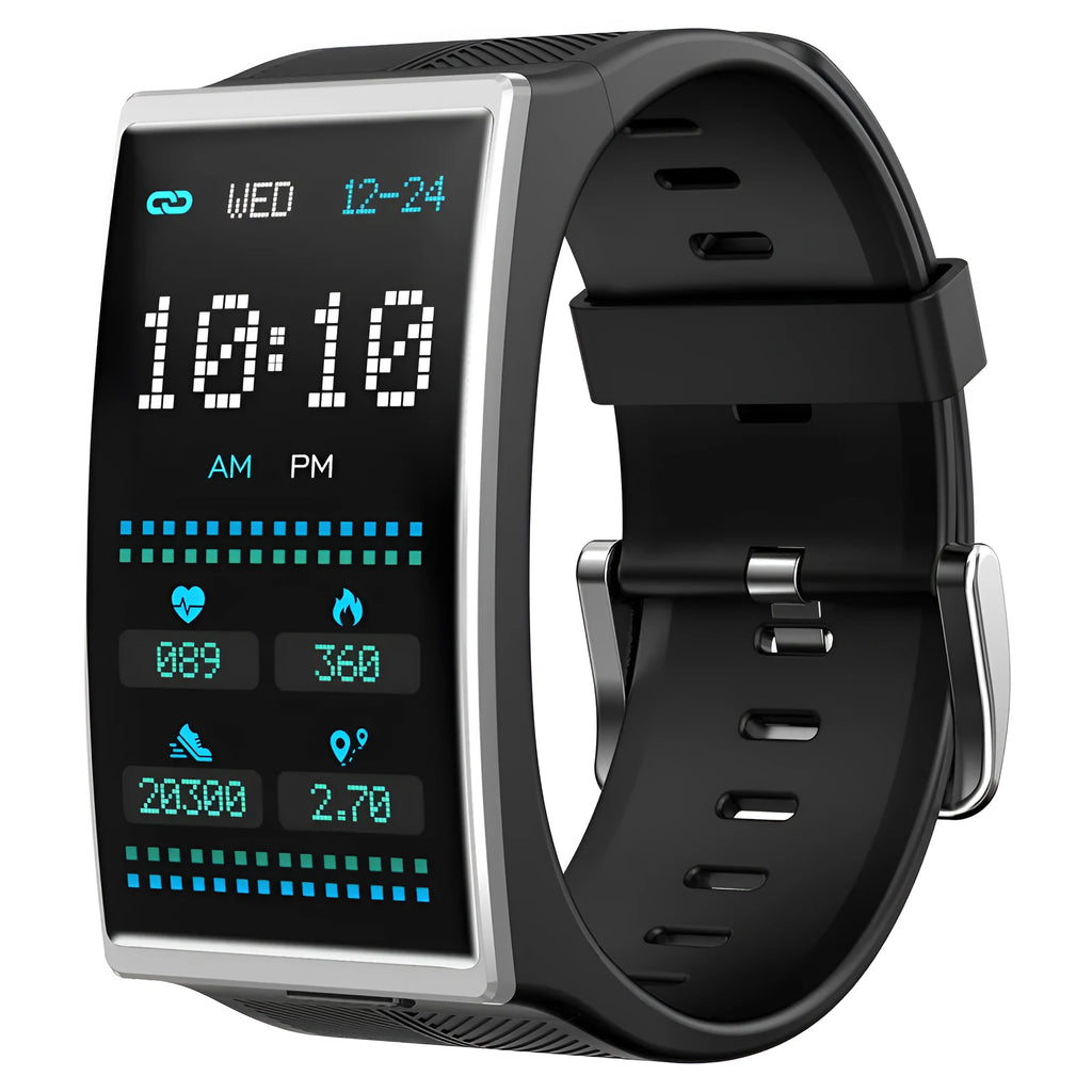 Bluetooth waterproof blood pressure sports watch with 1.91-inch screen and black silicone strap on wrist