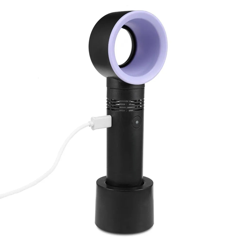Portable bladeless fan in white with USB charging cable, base, and three speed settings