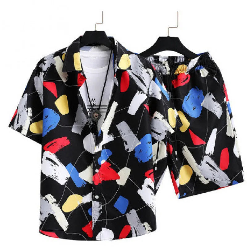 Men's short-sleeved digital print cardigan and matching shorts casual suit set.