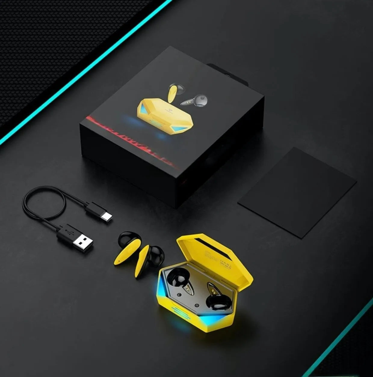 G20 wireless Bluetooth TWS headset in yellow with charging compartment on white background