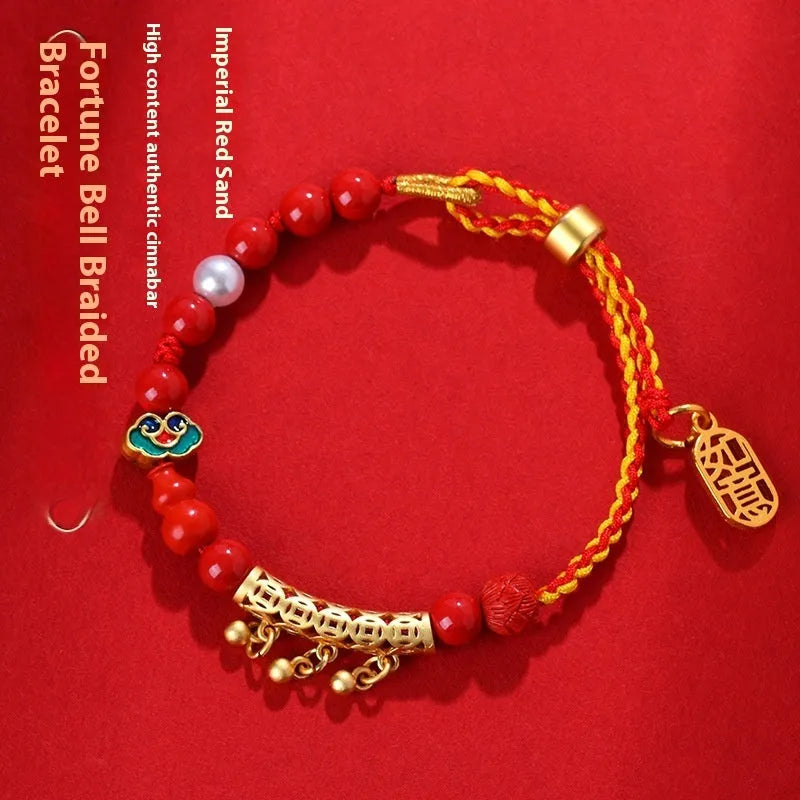 Hand-woven cinnabar red rope bell bracelet with round geometry style, women's national design
