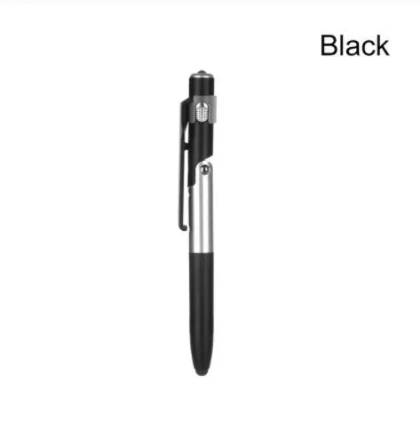 4-in-1 folding light pen mobile phone holder in black plastic, with pen tip and LED light visible