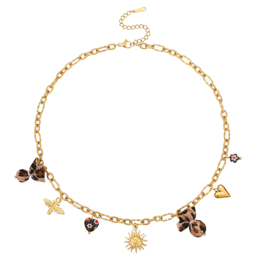 Geometric stainless steel necklace with leopard, heart and flower motifs on 18K electroplated pendant