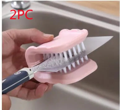 U-shaped ABS cutlery cleaner brush in blue with bristles for washing knives and forks
