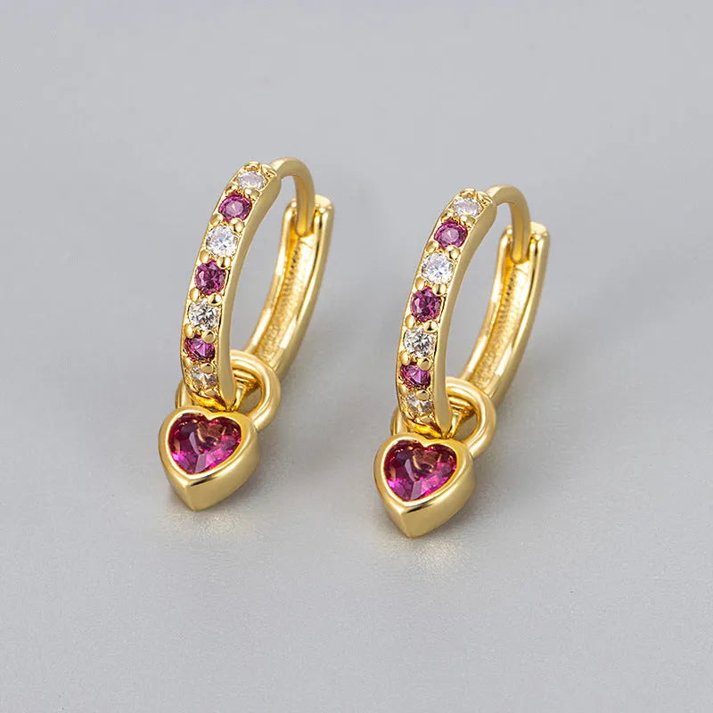 Women's heart-shaped drop earrings with coloured gemstones in gold and white gold tone settings