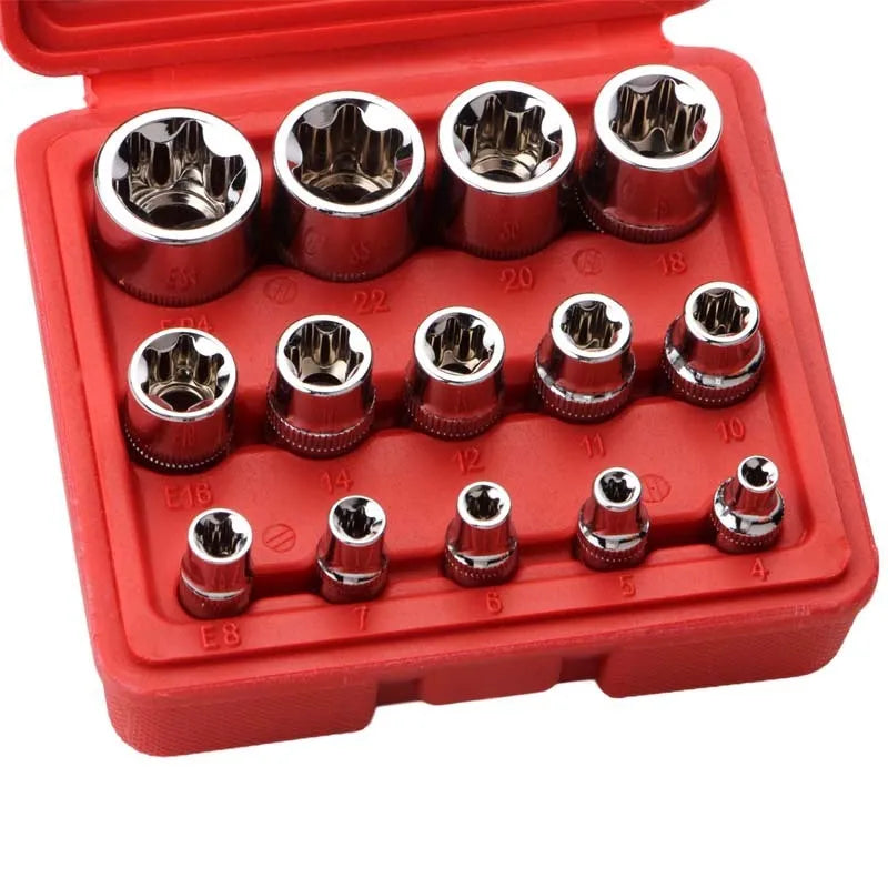 14-piece E-type socket set in red box, chrome vanadium steel, for auto repair and mechanical repair