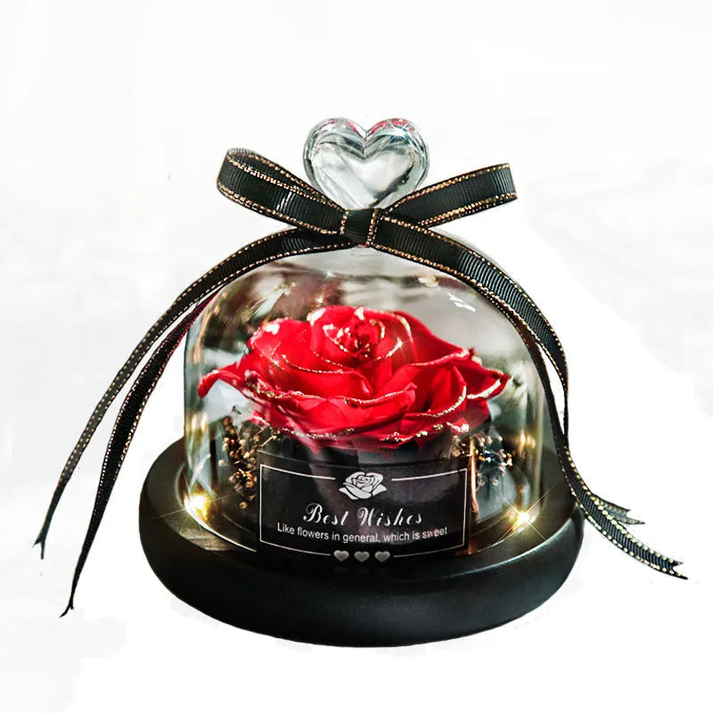 Eternal real rose in transparent glass case with LED light, 13x13x12cm, colour classic red