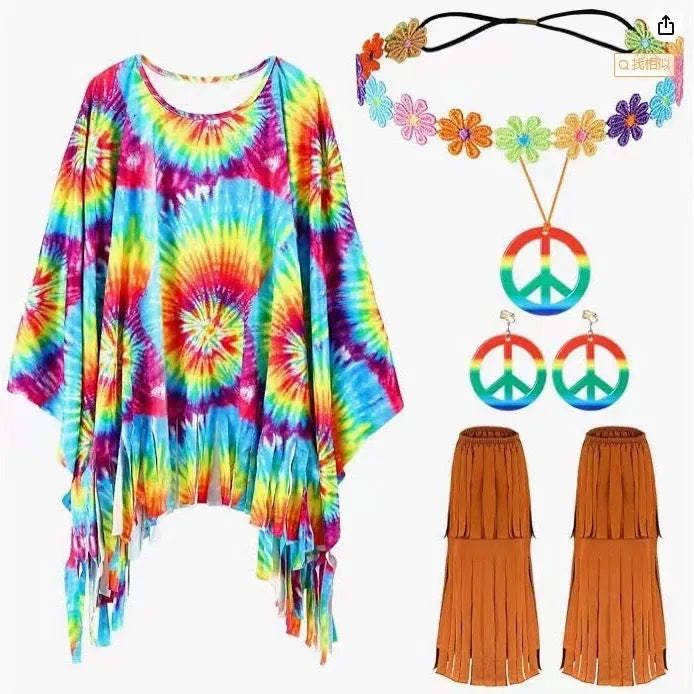 Colourful tie dye cloak costume with bell sleeves on a hanger, showing pink, yellow, and rainbow print details.