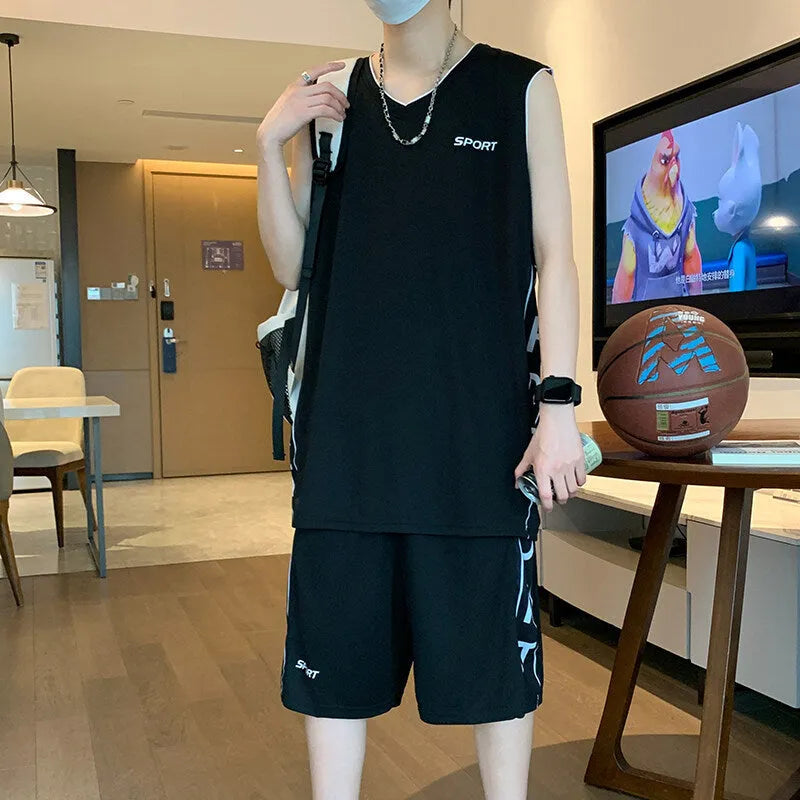 Basketball wear short sleeve vest leisure sports suit in polyester fibre, sleeveless top and shorts, summer men's activewear set