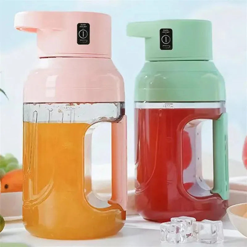 Portable electric juicer with 1500ml capacity, USB rechargeable, eight steel blades, and dual handles in pink colour