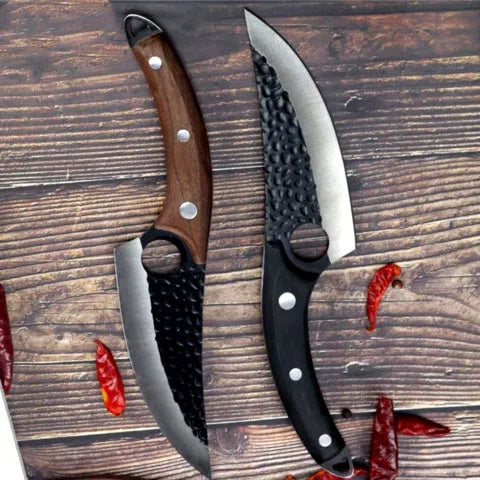 Forged 5CrMoV15 high carbon steel small scimitar boning knife with hammer pattern and black leather sheath