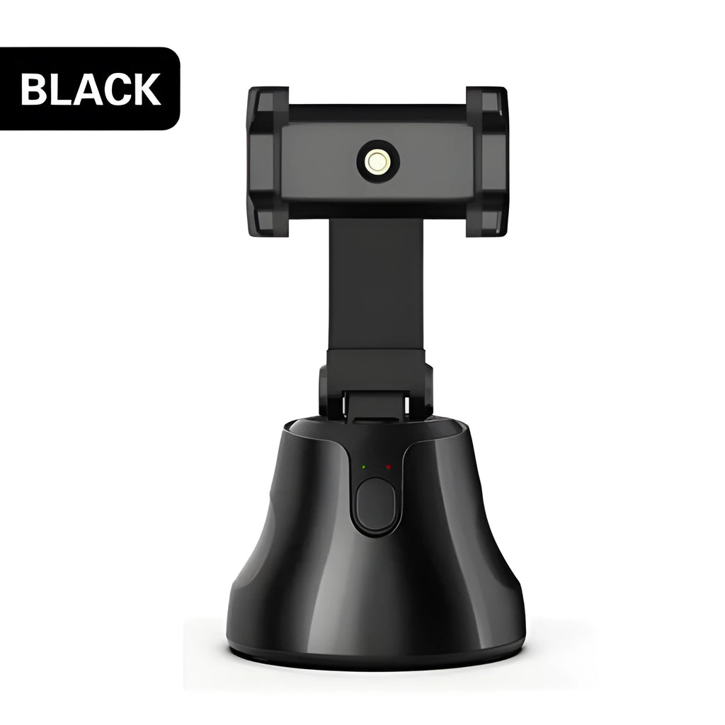 Black smartphone automatic shooting selfie stick with 360° face tracking on three-foot bracket showing phone holder and rotation mechanism