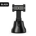 Black smartphone automatic shooting selfie stick with 360° face tracking on three-foot bracket showing phone holder and rotation mechanism