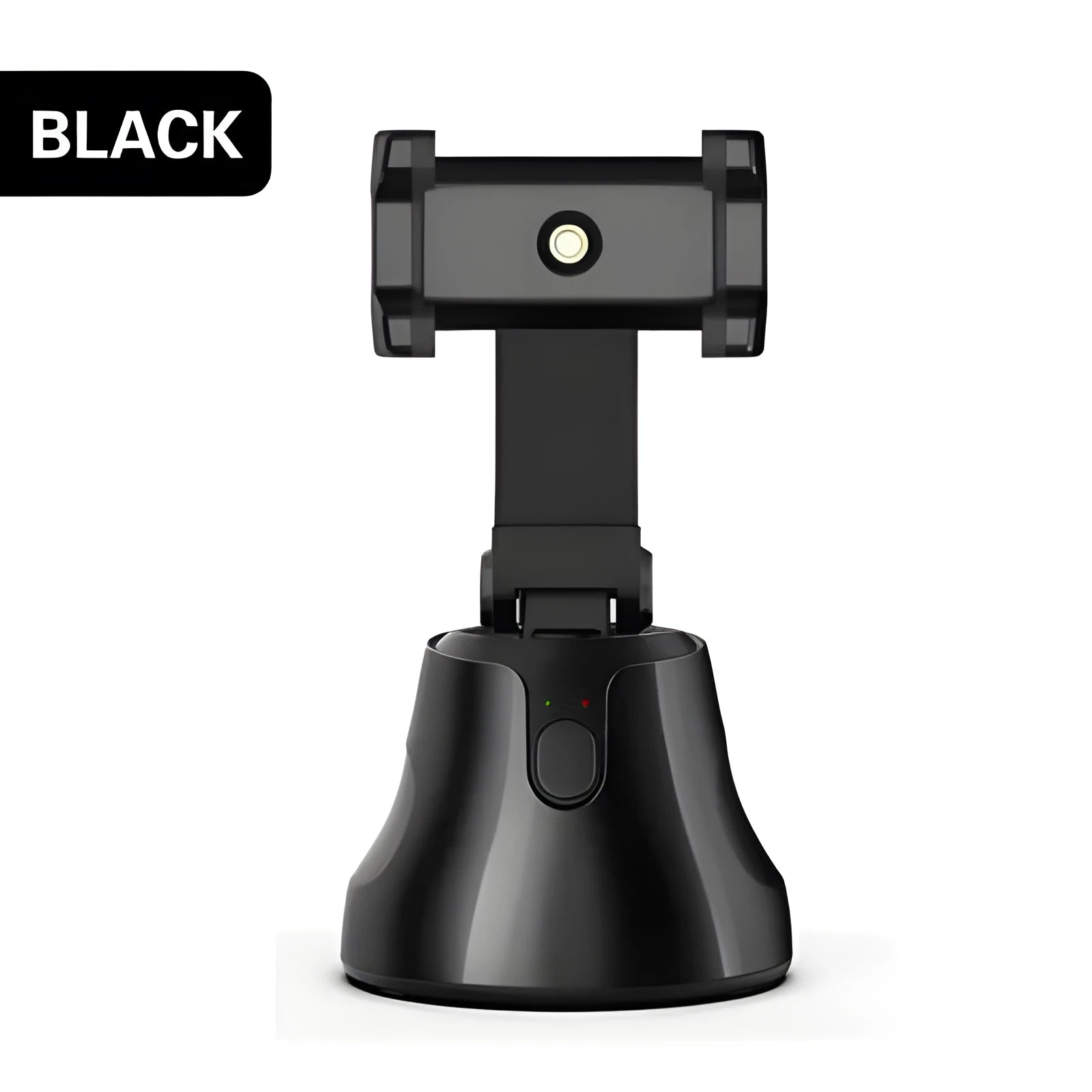Black smartphone automatic shooting selfie stick with 360° face tracking on three-foot bracket showing phone holder and rotation mechanism