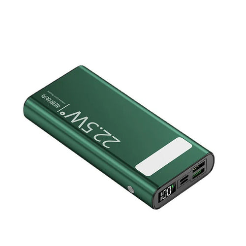 Alloy shell power bank with LCD display showing battery percentage, available in black, green, red, and blue colours.