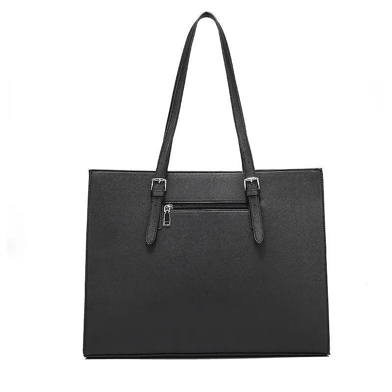 Large capacity women's shoulder business computer bag in PU, horizontal square shape 43x14x33cm, black colour with multiple compartments