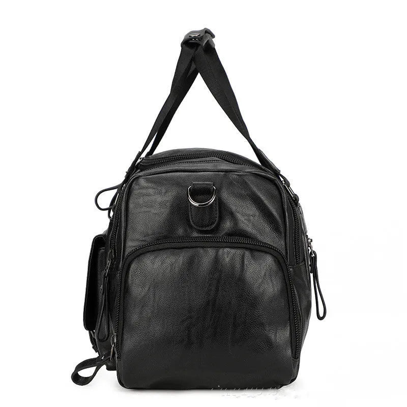 Black PU travel bag with separate shoe compartment showing dimensions of 52cm length