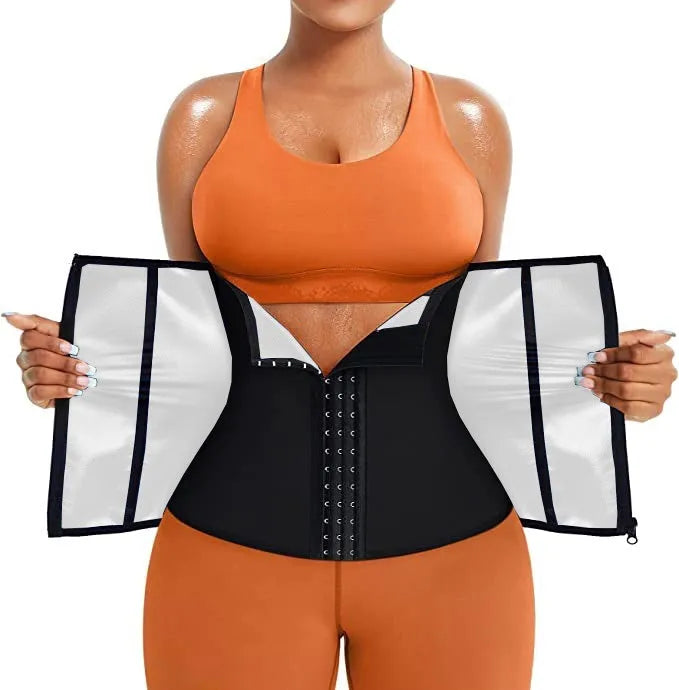 Blue adjustable neoprene sports waist belt for abdominal support shown laid flat.