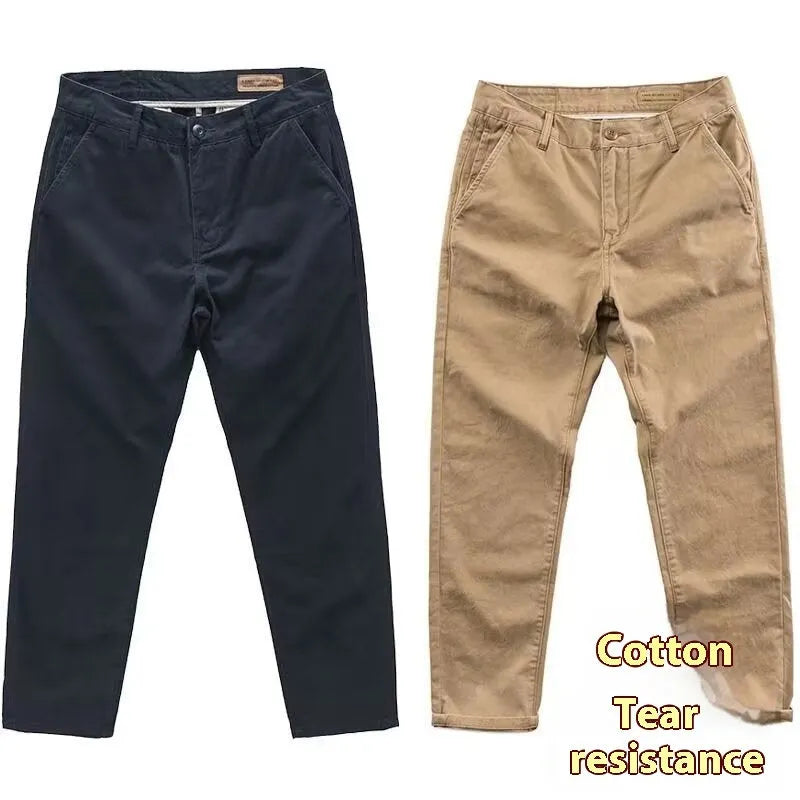Men's micro elastic high-density slim washed straight-leg trousers in khaki, size M to 4XL