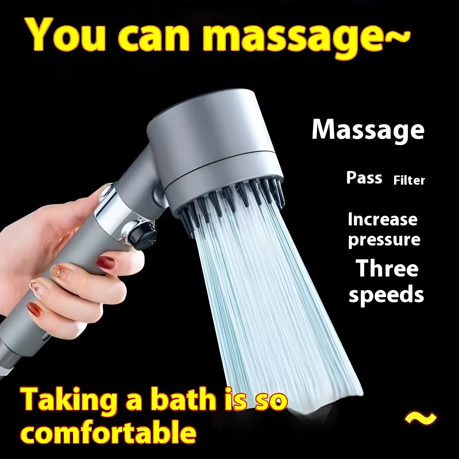 Portable ABS plastic shower head with three adjustment modes on modern bathroom wall