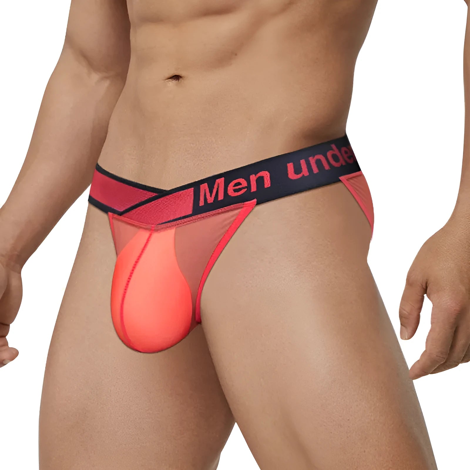 Men's transparent ice silk nylon briefs with low waist large V gradient design in red colour