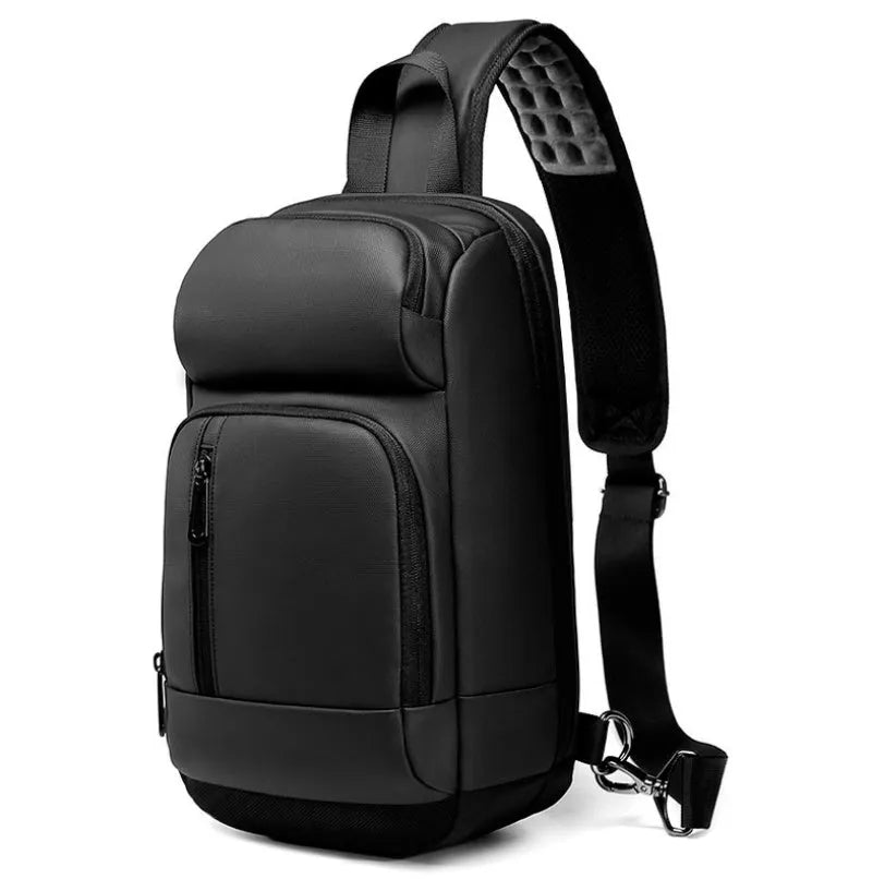 Black PVC outdoor shoulder bag showing computer pocket, air cushion strap, and square vertical design