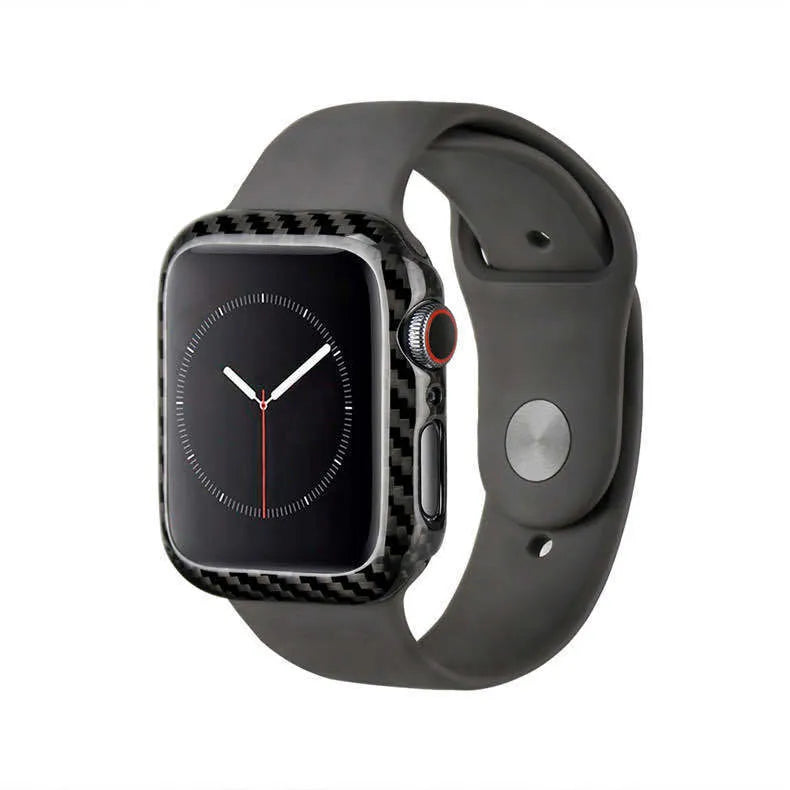 44mm Apple Watch 4 carbon fibre half wrap leather case in bright black and matt black colours