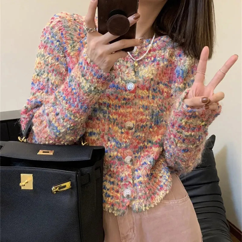 Green retro rainbow knitted cardigan with toothbrush hair fabric and slim fit