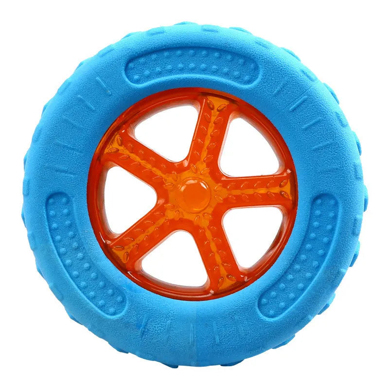 Set of three floating squeaky dog toys: a red ball, a blue barbell, and an orange tyre.