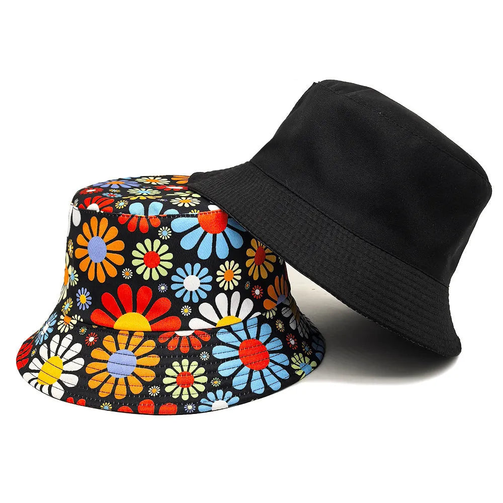 Colourful flower pattern polyester bucket hat with dome crown in M size 56-58cm